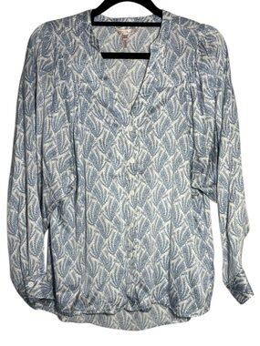 ESQUALO Blue and White Leaf-Print Button-Down Blouse